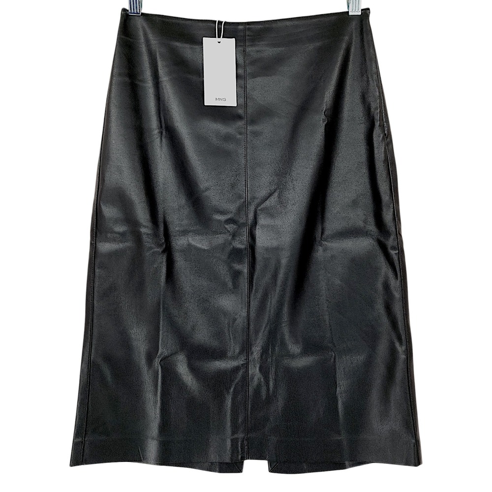 Mango Faux Leather Pencil Skirt 4‎ Black Midi Back Vent Sleek Professional NEW